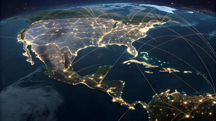 Global network connections across north america and central america at night illustrating digital communication and transportation routes