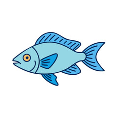 Illustration of a blue fish drawing with fins and tail for kids coloring page design element