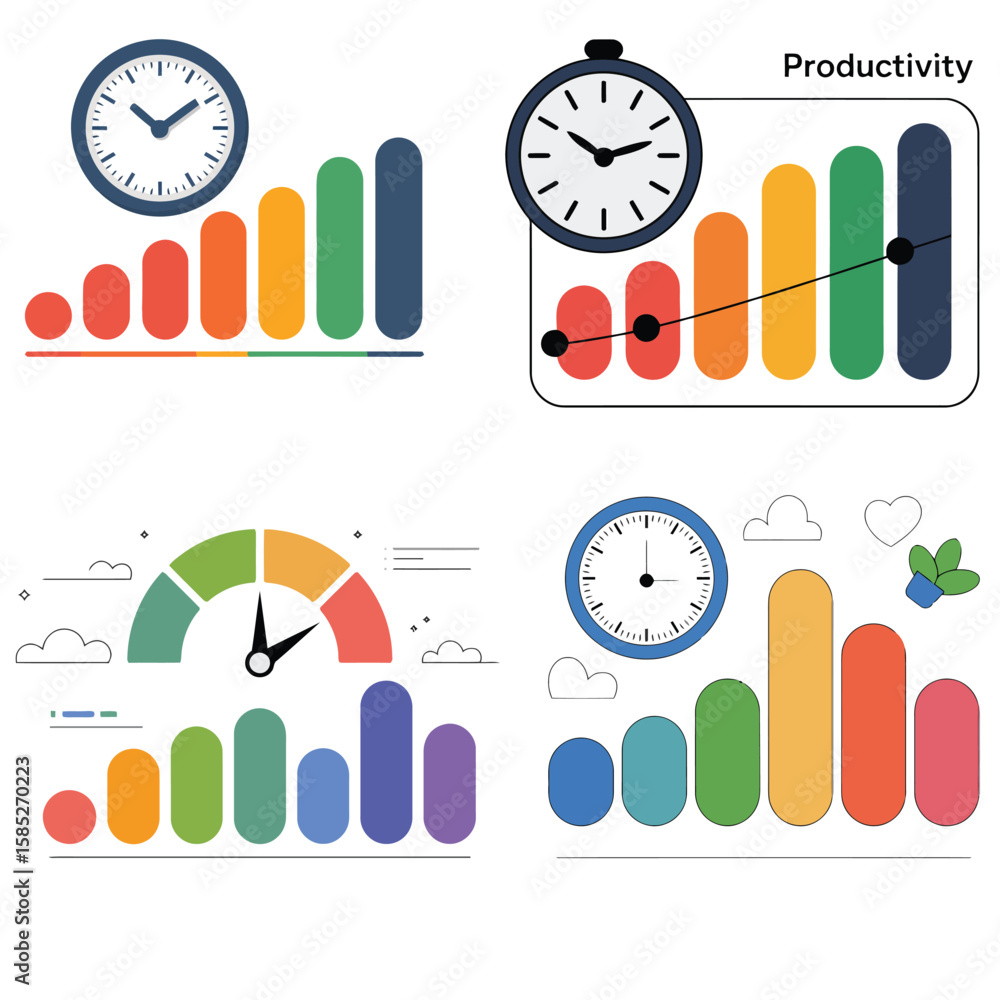 Poster four colorful productivity infographics featuring clocks bar graphs and speedometers illustrating ti