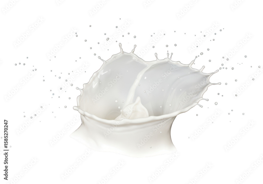 Poster a dynamic splash of white milk creating a crown shape, isolated on a transparent background