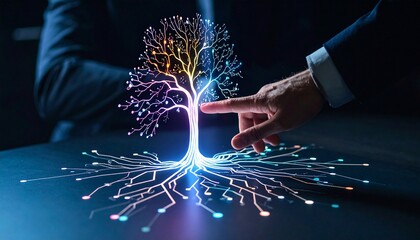 Glowing Tech Tree Concept Finger touches a futuristic tree with digital roots and branches.