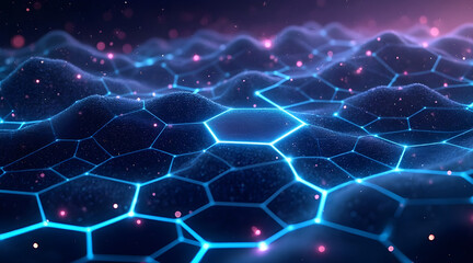 Obraz premium Abstract glowing blue hexagonal network structure with shimmering pink particles and bokeh effects on a dark background