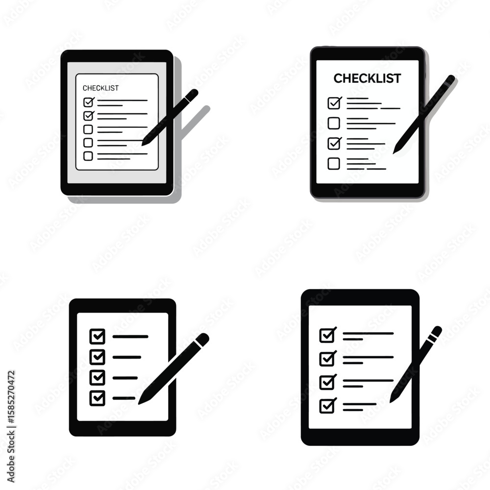 Poster four digital tablet checklist icons black and white checkboxes pen tool task management app interfac