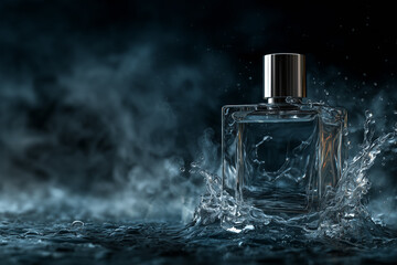 Luxury glass perfume bottle with water splash on dark background