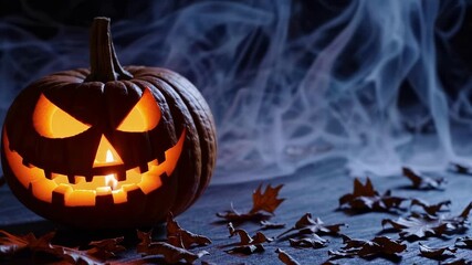Spooky Halloween pumpkin with a scary carved face glowing in the dark fog. The jack-o'-lantern is illuminated from within, surrounded by thick mist and eerie shadows.  - Powered by Adobe