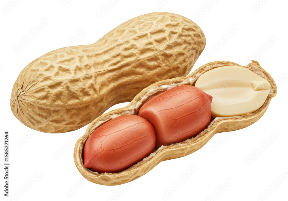 Poster an open peanut shell revealing two plump kernels, next to a whole peanut, isolated on a transparent 