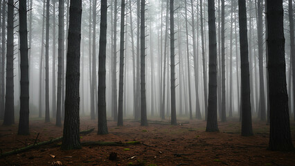 Fototapeta premium A dense pine forest stands silently in the early morning mist, where fog and scattered branches create a mysterious and tranquil atmosphere in nature's stillness.