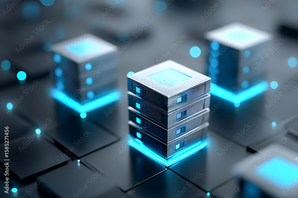 Poster future technology concept showcasing stacks of server processors illuminated in a digital environmen