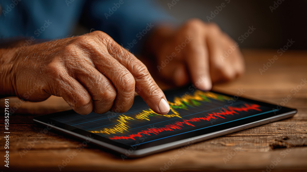 Poster investing in financial data analysis, person interacts with tablet displaying colorful graphs and ch