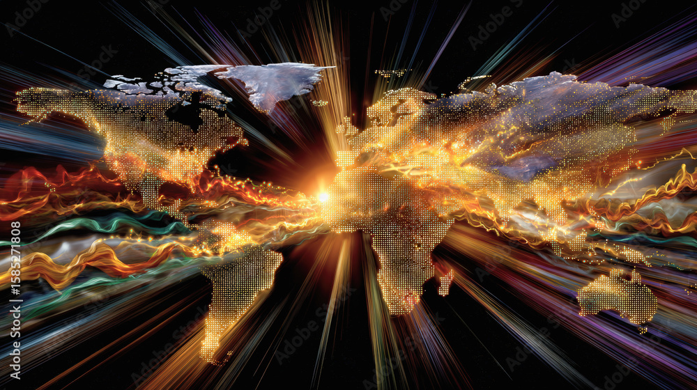 Poster global map illuminated with vibrant colors, showcasing interconnectedness and energy across continen
