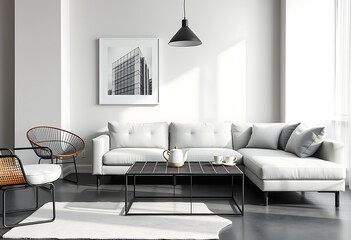 Modern Minimalist Living Room: White Sectional Sofa, Black Metal Coffee Table, and Stylish Accents.