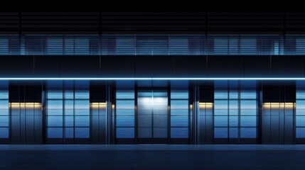 Modern facade of an industrial building at night, illuminated with blue and gold lights, featuring a central entrance.