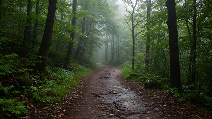 Obraz premium A tranquil forest path under the rain, covered with fallen leaves and puddles. Raindrops create ripples as mist lingers among the towering trees in this serene woodland scene.
