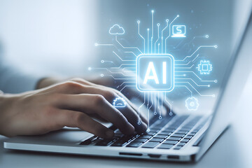 Human hands typing on a laptop with an AI interface overlayed