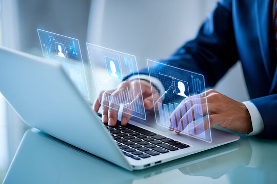 Businessman using a laptop with holographic data displays showing charts and user profiles representing digital transformation and business analytics