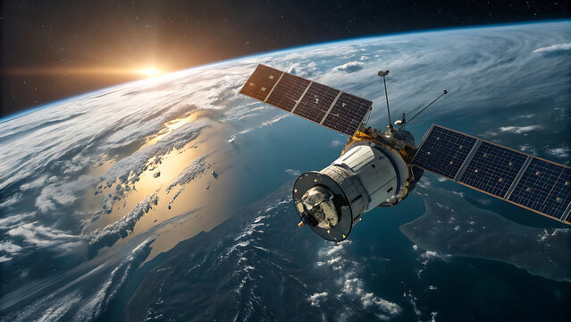 cinematic wide angle view modern satellite in orbit