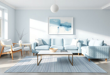 Serene Light Blue Living Room: Modern Sectional Sofa, Abstract Art, and Striped Rug.