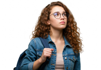 A young woman with curly hair and glasses wearing a denim jacket and carrying a backpack, looking up thoughtfully, isolated on transparent background