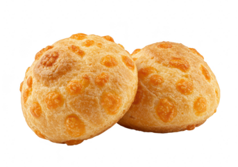 Two goldenbrown cheese buns with a textured surface, isolated on a transparent background