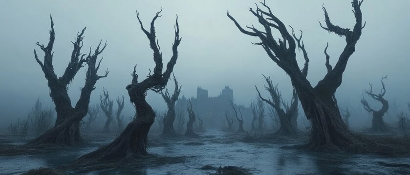 Foggy eerie landscape with bare trees and a distant structure