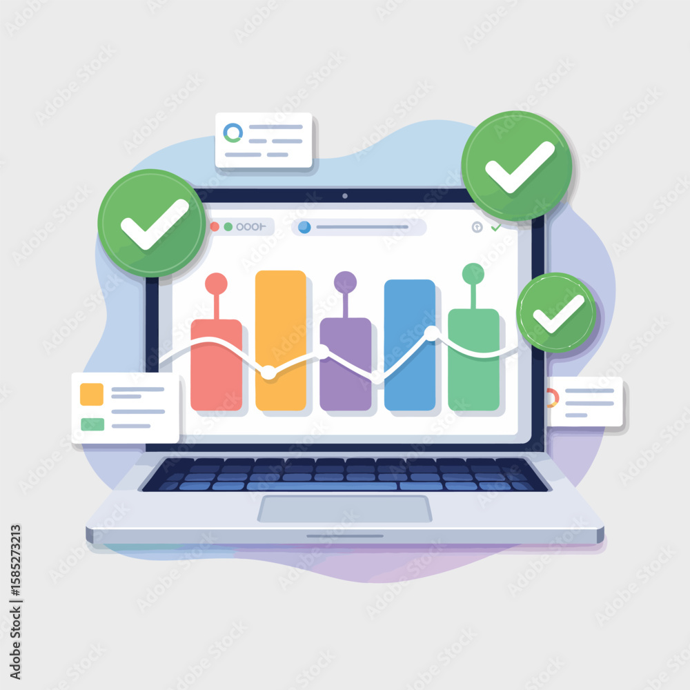 Poster Laptop Screen Displaying Pastel Bar Graph Data Analytics Success Checkmarks Software Interface Colorful Chart Rising Trend