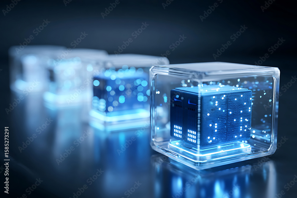 Poster modern technology showcased in illuminated transparent cubes with digital circuitry inside