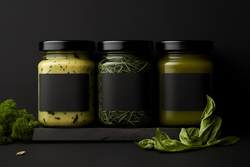 Herb sauce and seasoning jars with blank black labels on dark background
