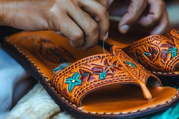 A close-up of traditional sandals being stitched by hand, leather and thread details in focus 
