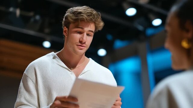 Director coaching actor in rehearsal space with script and mirror