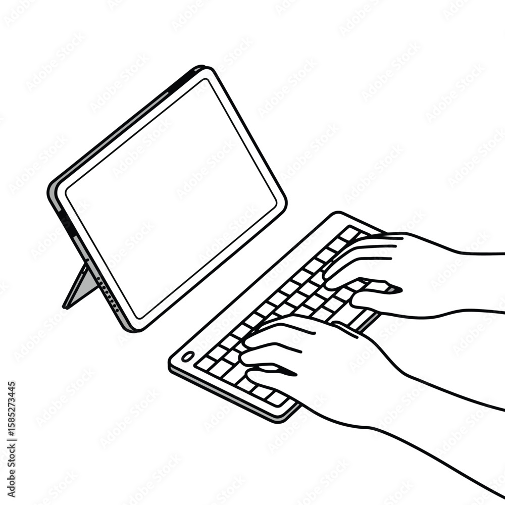Poster line art illustration depicting two hands actively typing on a wireless keyboard connected to a tabl