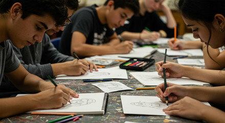 Students intently focused on drawing and sketching during an art class.