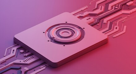 Abstract Representation of Microchip with Circuit Pattern in Vibrant Pink and Purple Gradient