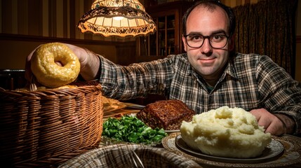Vintage family dinner middle-aged man glasses plaid shirt reaching dinner roll wicker basket meatloaf mashed potatoes kitchen dining nostalgic atmosphere