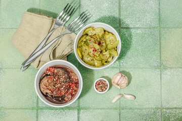Fermented vegetables in a bowls. Healthy gut food, natural probiotic superfoods, organic pickles