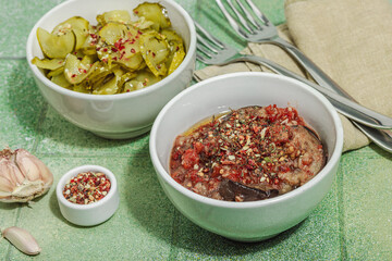 Fermented vegetables in a bowls. Healthy gut food, natural probiotic superfoods, organic pickles
