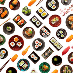 Sushi assortment on plates, colorful, diverse
