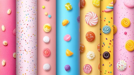 Colorful candy patterns in vertical columns.  Sweet treats, colorful, confectionery, desserts,  delicious, 