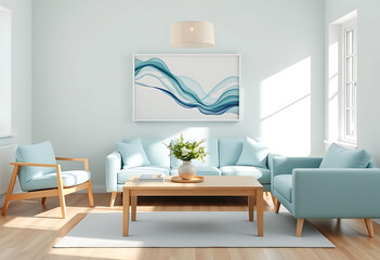 Serene Minimalist Living Room: Light Blue Sofa, Armchairs, and Abstract Art.