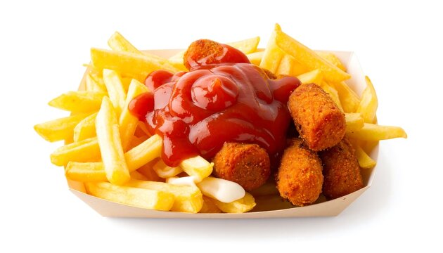 Salchipapas with ketchup, mayo, in paper tray