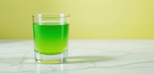 A refreshing vibrant green liquid in a clear shot glass, presented on a white marble surface with a soft yellow background.