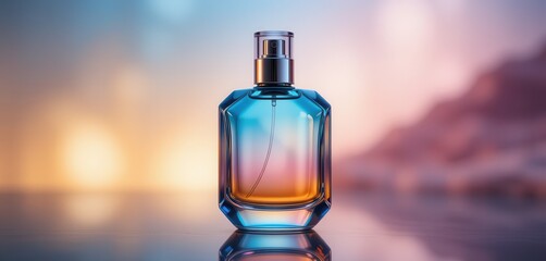 Elegant clear glass perfume bottle with a vibrant blue to orange gradient, standing on a reflective surface with soft lighting.