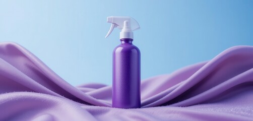 A vibrant purple spray bottle with a white nozzle, elegantly placed on a flowing, silky purple fabric against a light blue background