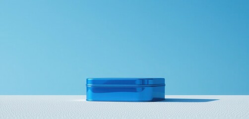 A simple, minimalist blue rectangular tin box with a lid, isolated on a clean white surface against a light blue background.