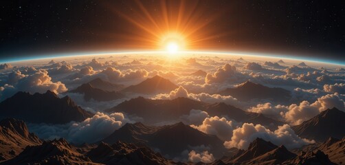 Spectacular sunrise over majestic mountain peaks and cloud formations viewed from earth's orbit, a breathtaking celestial event.
