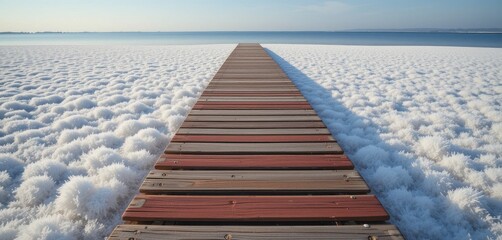 Long wooden boardwalk extending across a vast, crystalline salt flat towards the distant horizon and calm blue water.