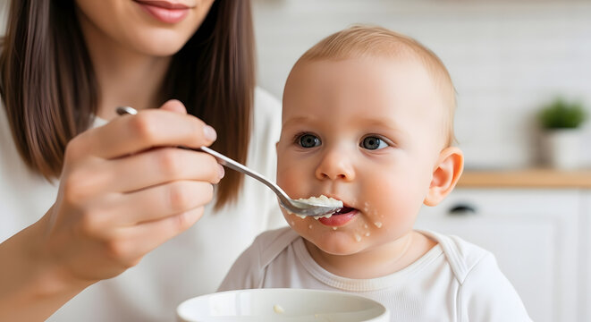 Mother lovingly feeds her baby nutritious food, a tender moment of care and growth.