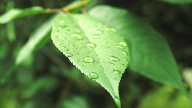 Close-up shot of green leaves covered in raindrops after a summer rain. Water droplets glisten and slowly drip off the surface. 
