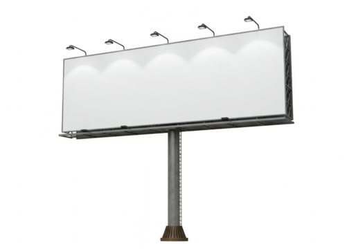 A large, blank billboard with lights and a pole, isolated on a transparent background for advertising