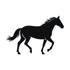 Elegant black horse silhouette in full gallop against a clean white background design
