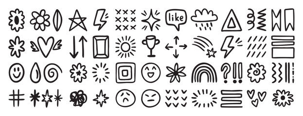 Random hand drawn doodle icons set with smiley faces, stars, flowers, arrows and symbols